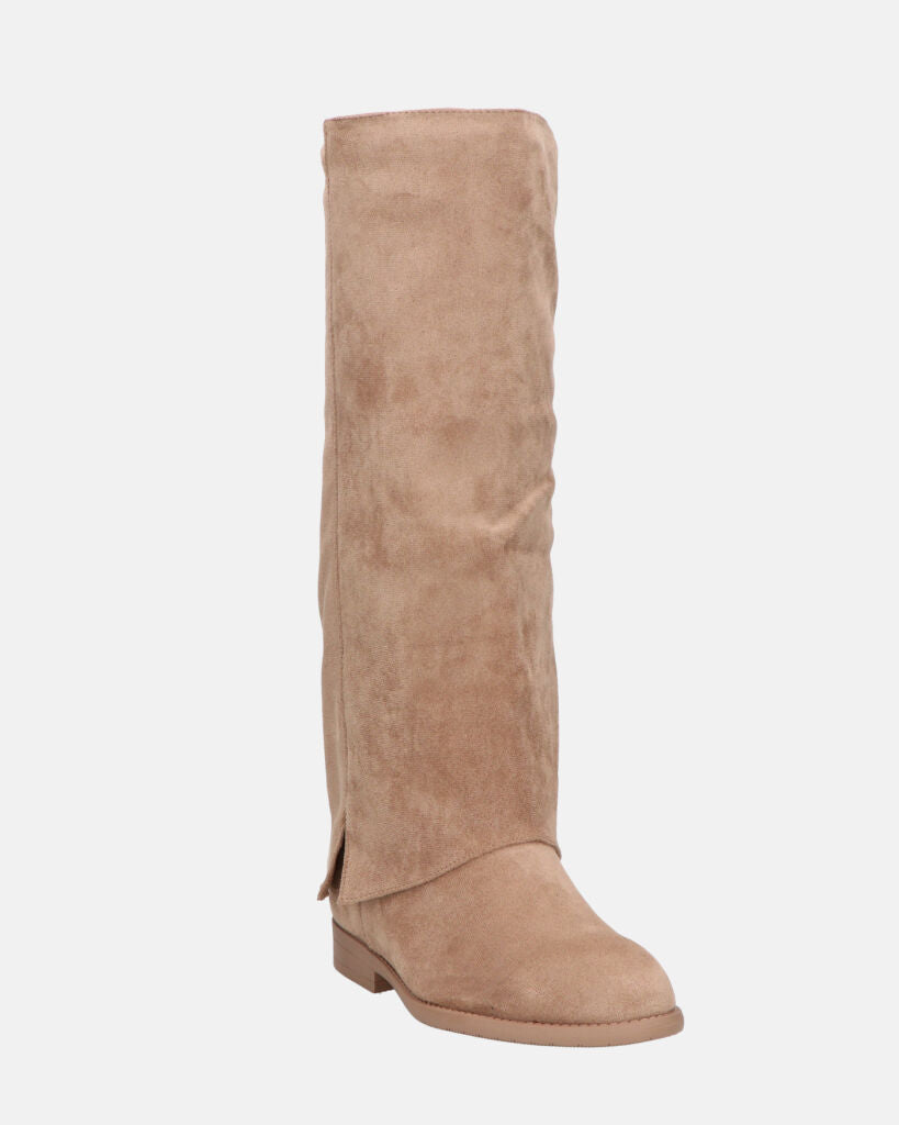 QUERIDA - stivali in camoscio beige con risvolto e cerniera interna