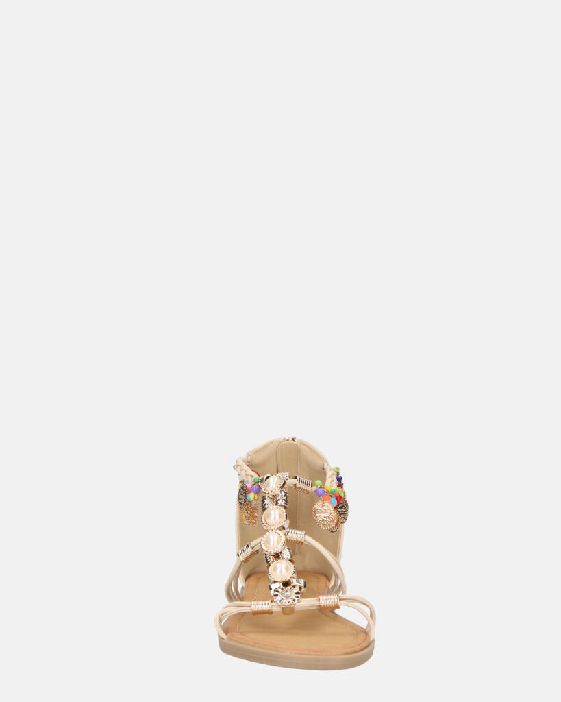 PAULA - sandali aperti beige con cerniera posteriore e gemme colorate