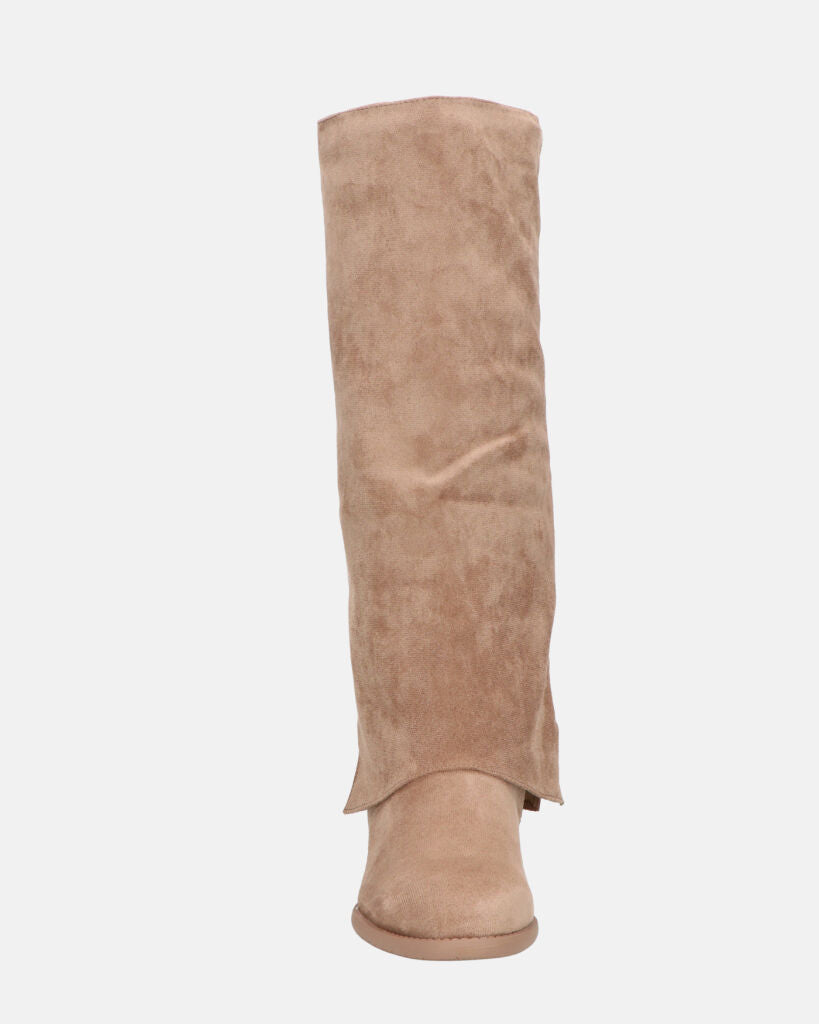 QUERIDA - stivali in camoscio beige con risvolto e cerniera interna
