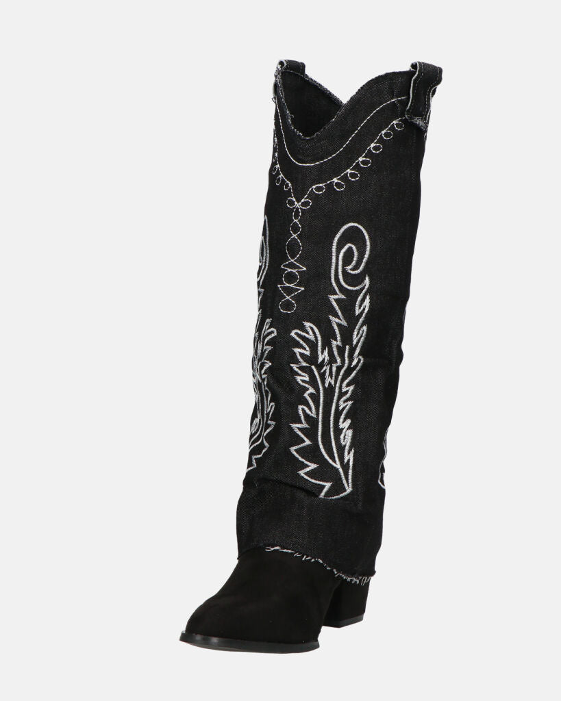 FRANCYS - stivali camperos alti in tessuto denim nero con ricami