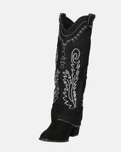 FRANCYS - stivali camperos alti in tessuto denim nero con ricami
