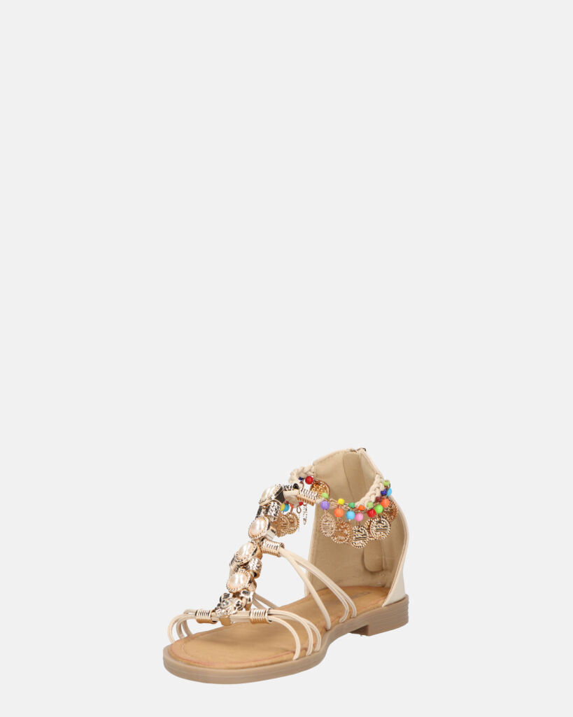 PAULA - sandali aperti beige con cerniera posteriore e gemme colorate