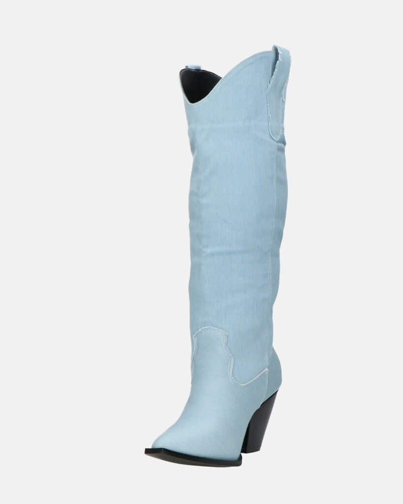 FATIMA - stivali alti in blue jeans con tacco nero e punta quadrata