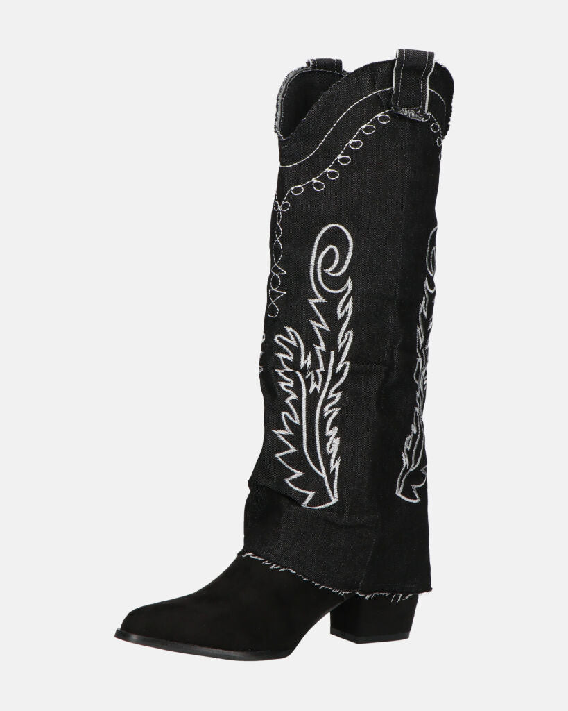 FRANCYS - stivali camperos alti in tessuto denim nero con ricami