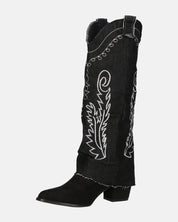 FRANCYS - stivali camperos alti in tessuto denim nero con ricami