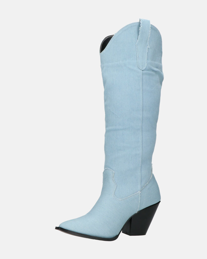 FATIMA - stivali alti in blue jeans con tacco nero e punta quadrata