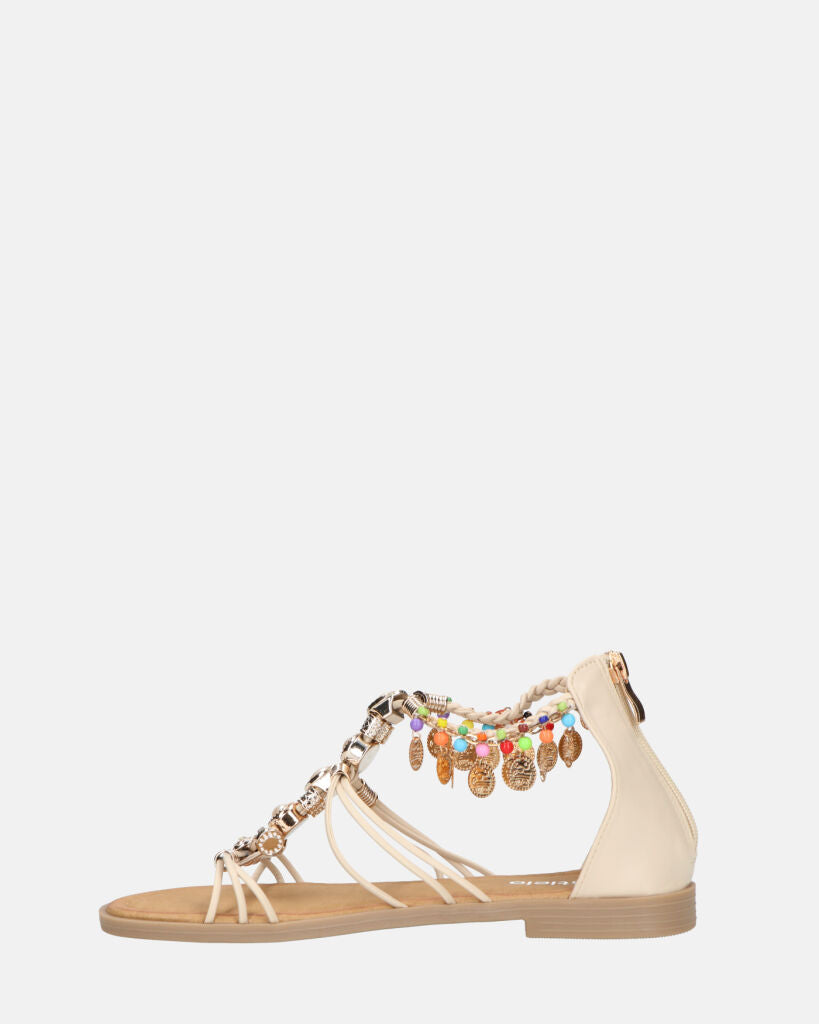 PAULA - sandali aperti beige con cerniera posteriore e gemme colorate