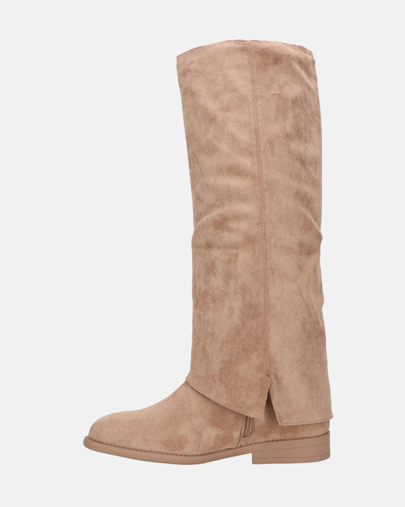 QUERIDA - stivali in camoscio beige con risvolto e cerniera interna