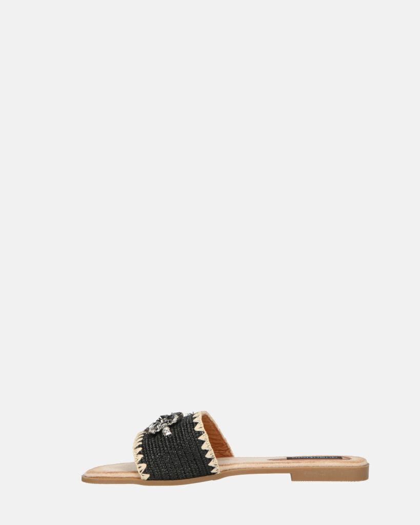 ROZENN - ciabattine beige con fascia nera ricamata e gemme