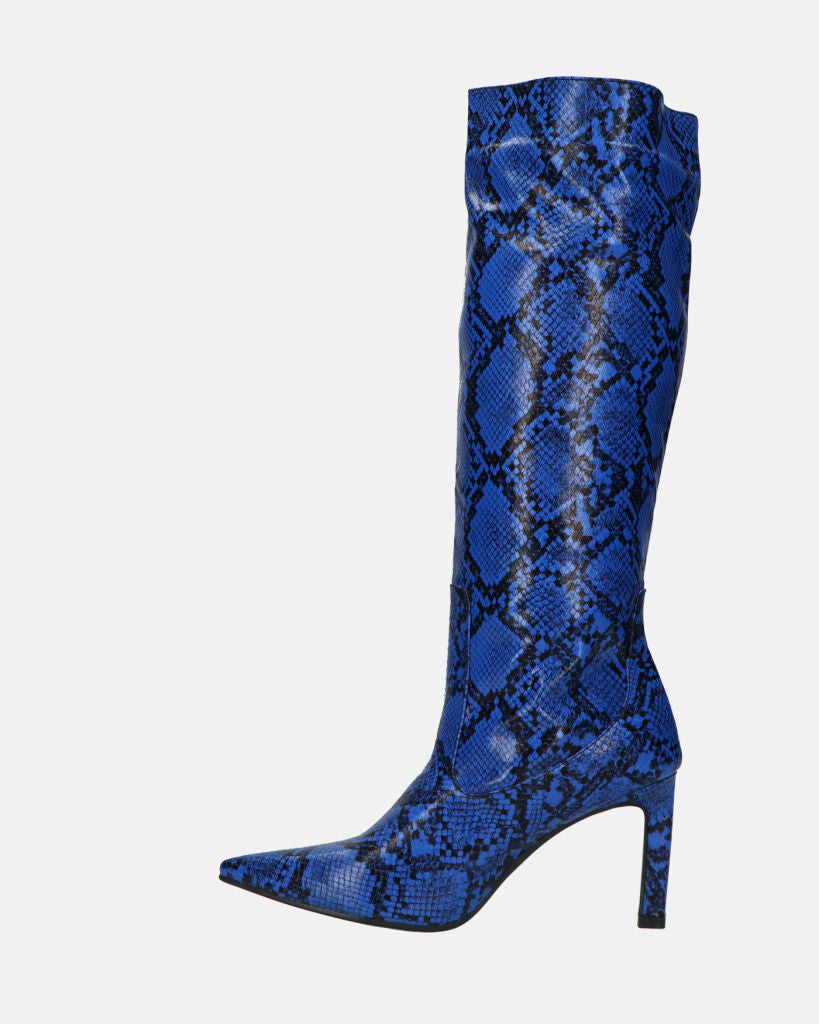 CAROLINE - stivale alto con tacco in blu pitonato