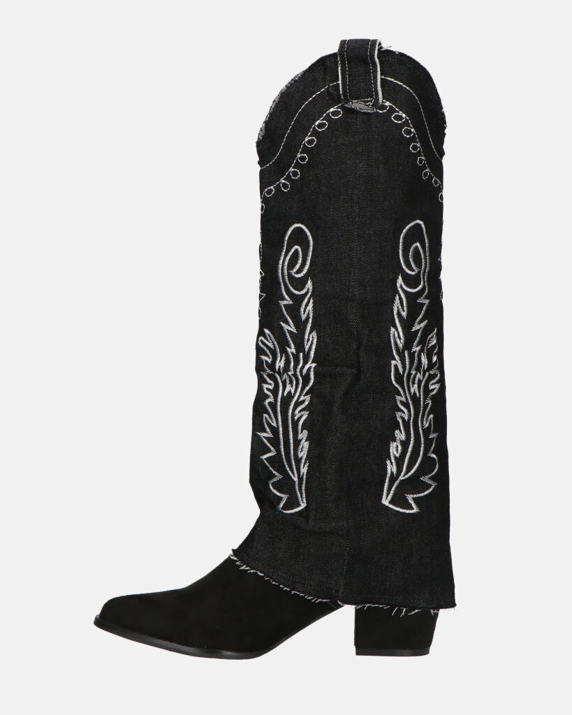 FRANCYS - stivali camperos alti in tessuto denim nero con ricami