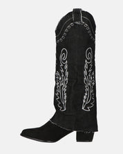 FRANCYS - stivali camperos alti in tessuto denim nero con ricami
