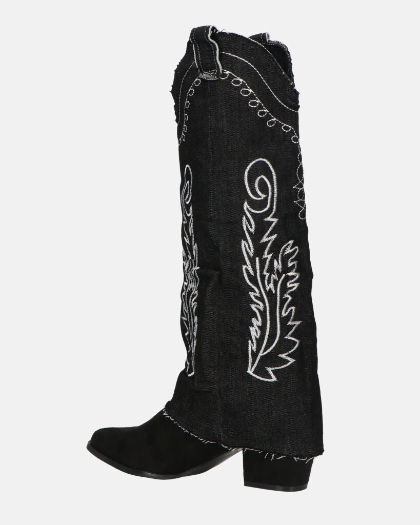 FRANCYS - stivali camperos alti in tessuto denim nero con ricami