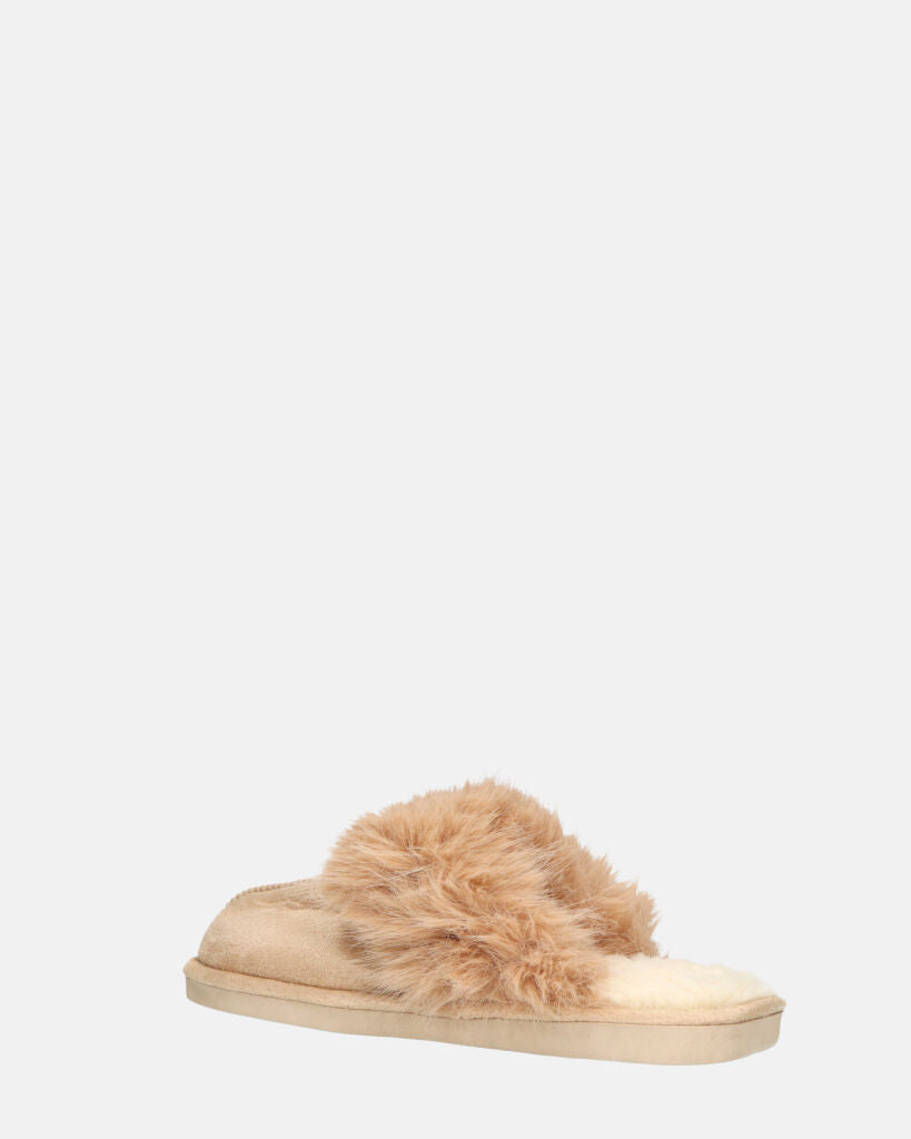 MIDORI - pantofole beige con pelliccia e camoscio