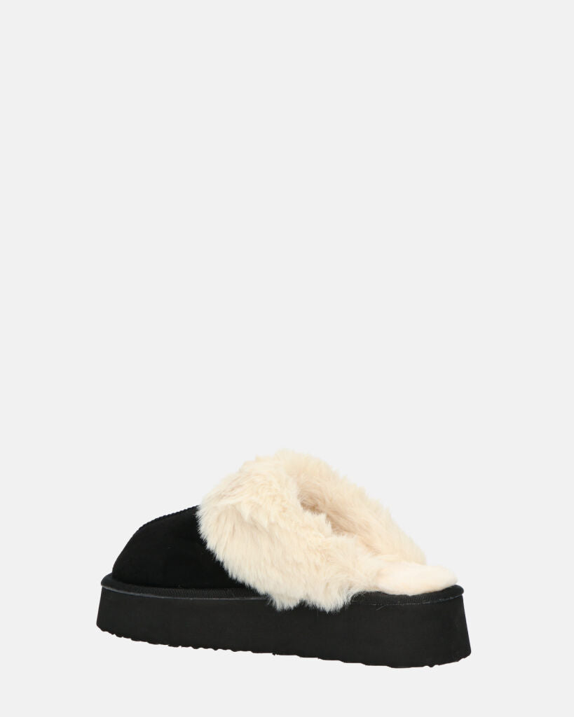 NEVE - ciabatte con pelliccia beige e platform nero