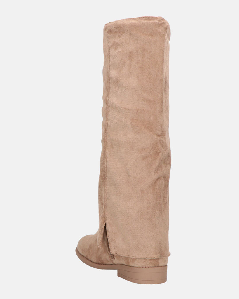 QUERIDA - stivali in camoscio beige con risvolto e cerniera interna
