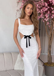 ALBA - vestito lungo in paillettes bianche con cut out e fiocco rimovibile