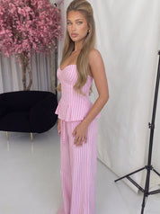 ANDRA - set coordinato pantaloni e top peplum a righe rosa
