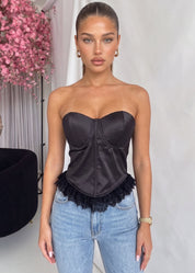 CALA - top corpetto nero effetto satin con orlo in pizzo