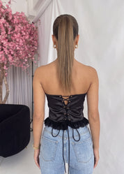 CALA - top corpetto nero effetto satin con orlo in pizzo