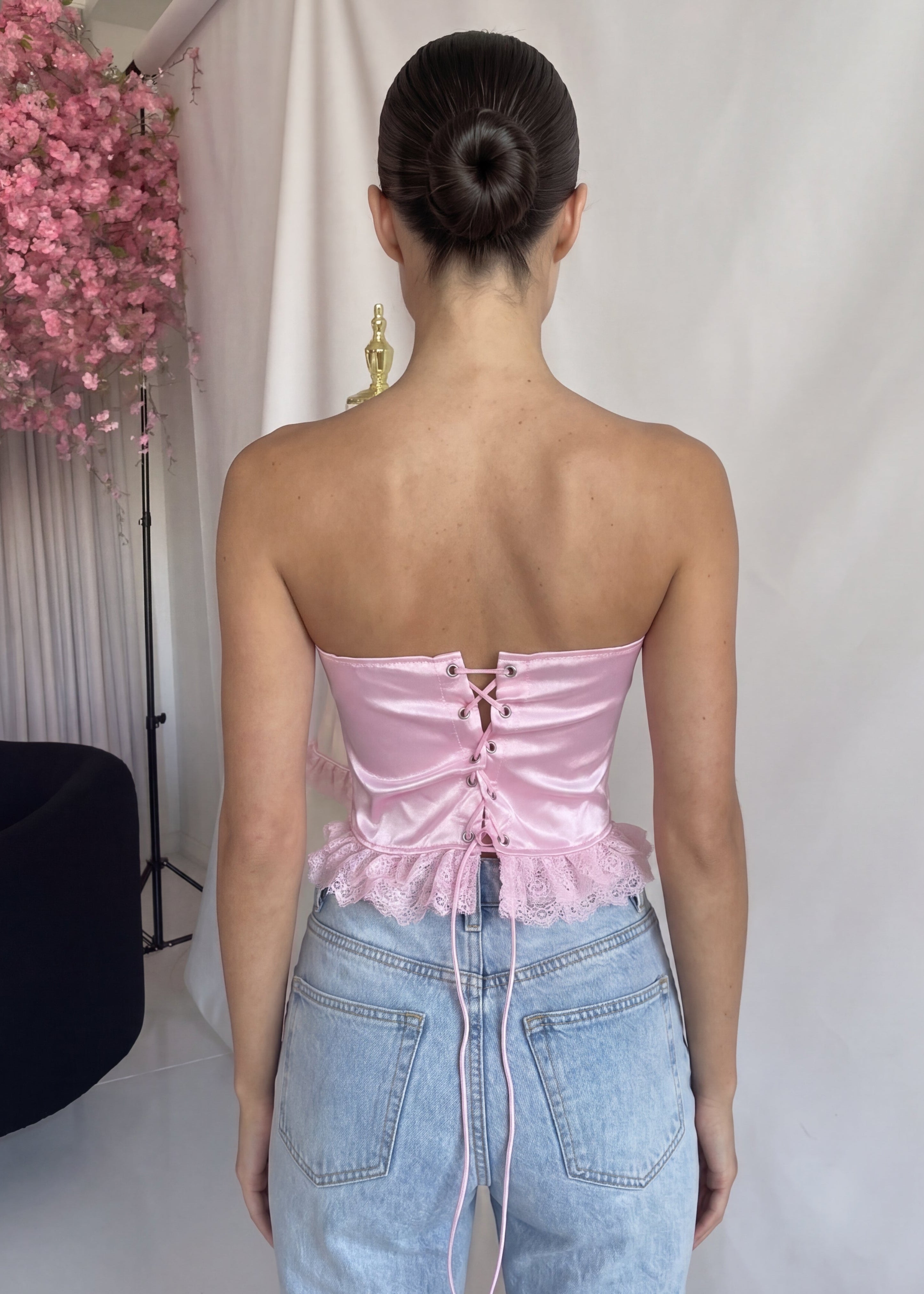 CALA - top corpetto rosa effetto satin con orlo in pizzo