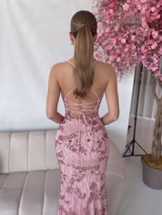 CLARY - abito midi ricamato in paillettes rosa