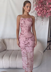 CLARY - abito midi ricamato in paillettes rosa
