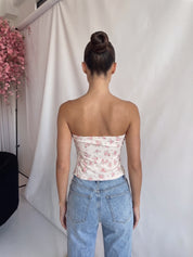 DALMA - top corpetto beige in pizzo floreale con applicazione fiore