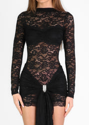 MICHELLE - vestito mini in pizzo nero con drappeggio sul davanti e dettaglio in diamanti