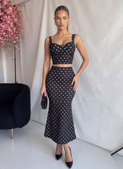 DOLLY - set coordinato top corpetto e gonna midi nera a pois