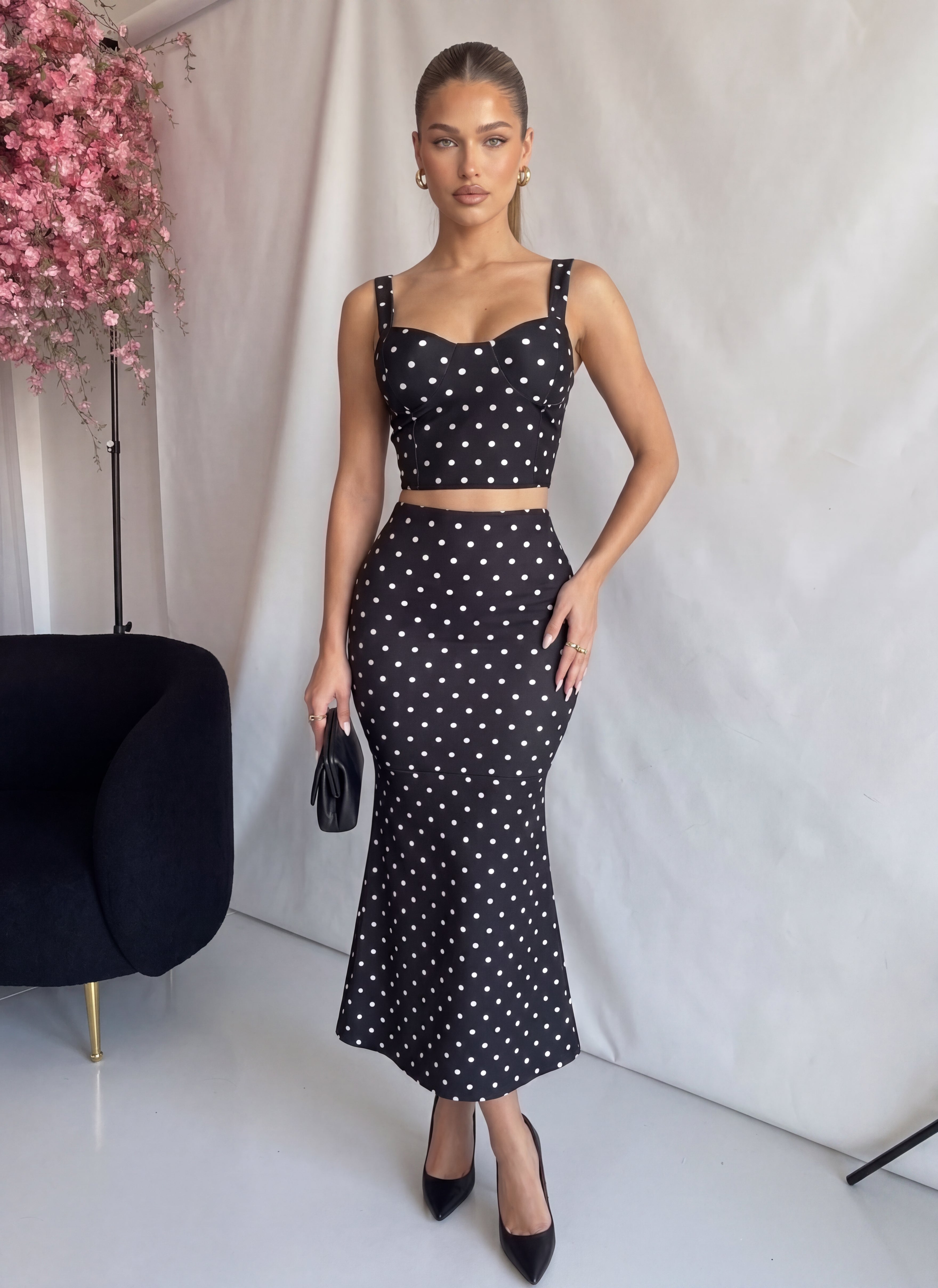 DOLLY - set coordinato top corpetto e gonna midi nera a pois