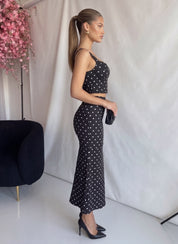 DOLLY - set coordinato top corpetto e gonna midi nera a pois