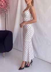 DOLLY - set coordinato top corpetto e gonna midi bianco a pois