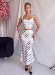 DOLLY - set coordinato top corpetto e gonna midi bianco a pois