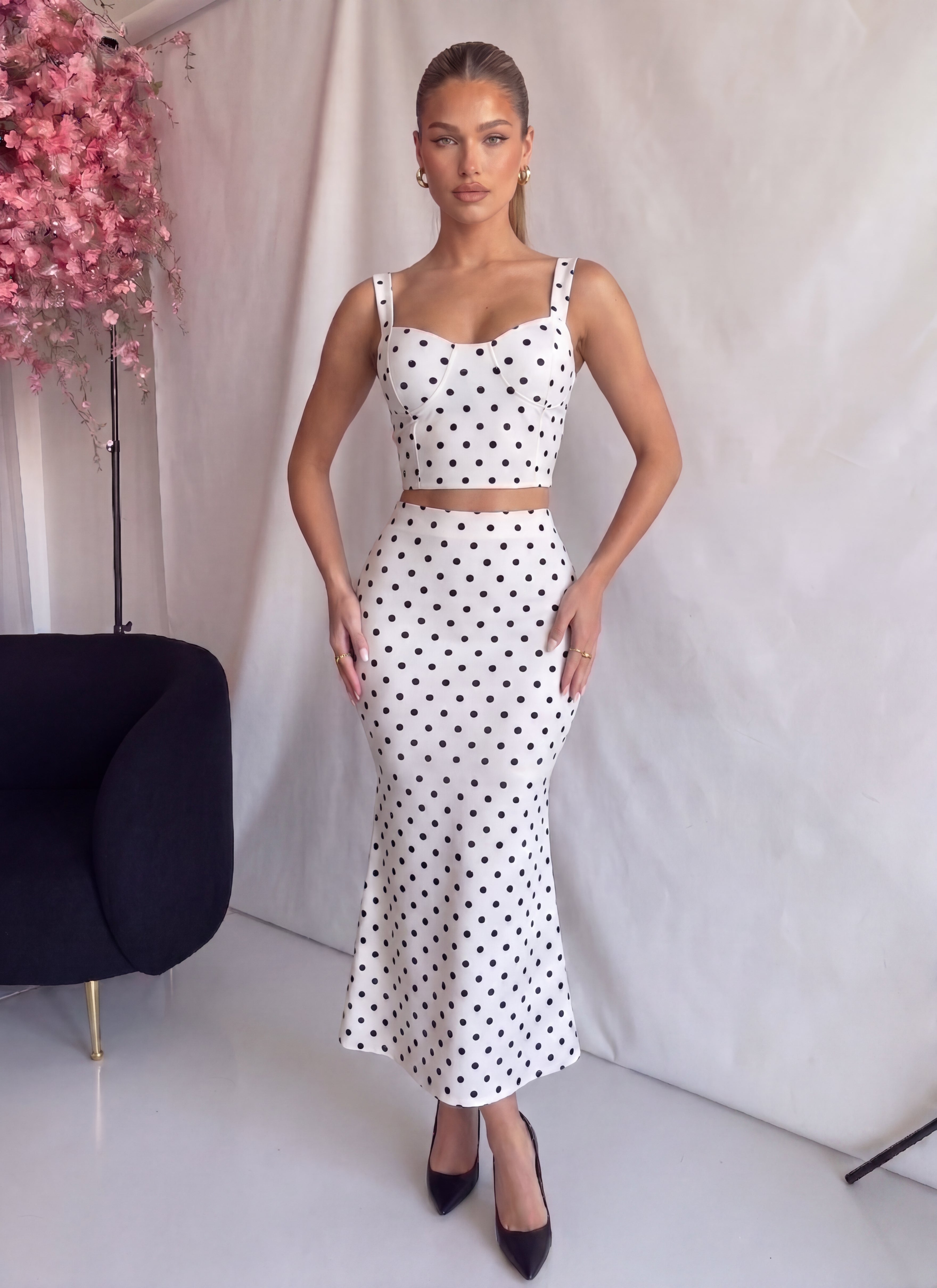 DOLLY - set coordinato top corpetto e gonna midi bianco a pois
