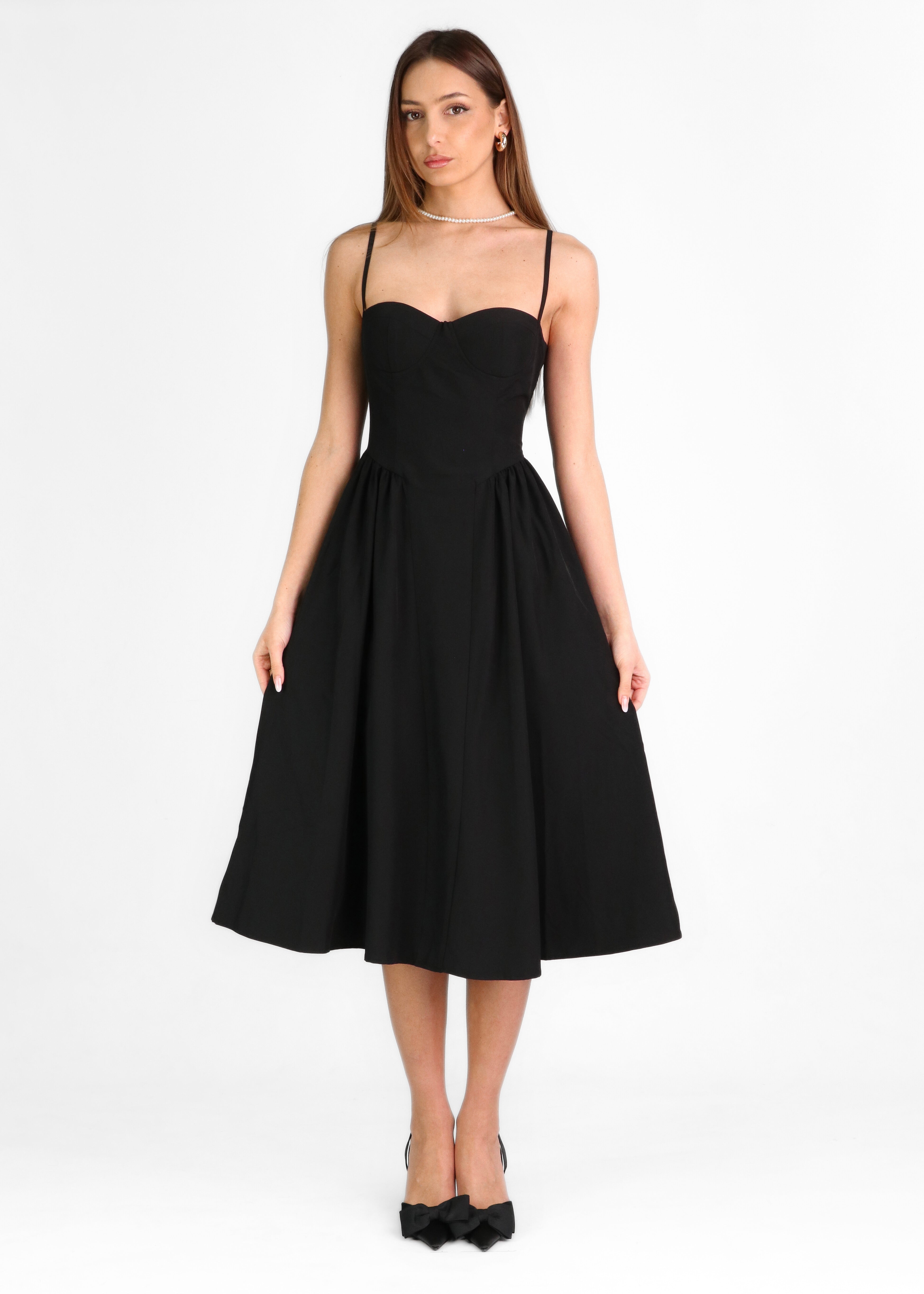 ISABEAU - vestito nero midi a ruota con corpetto