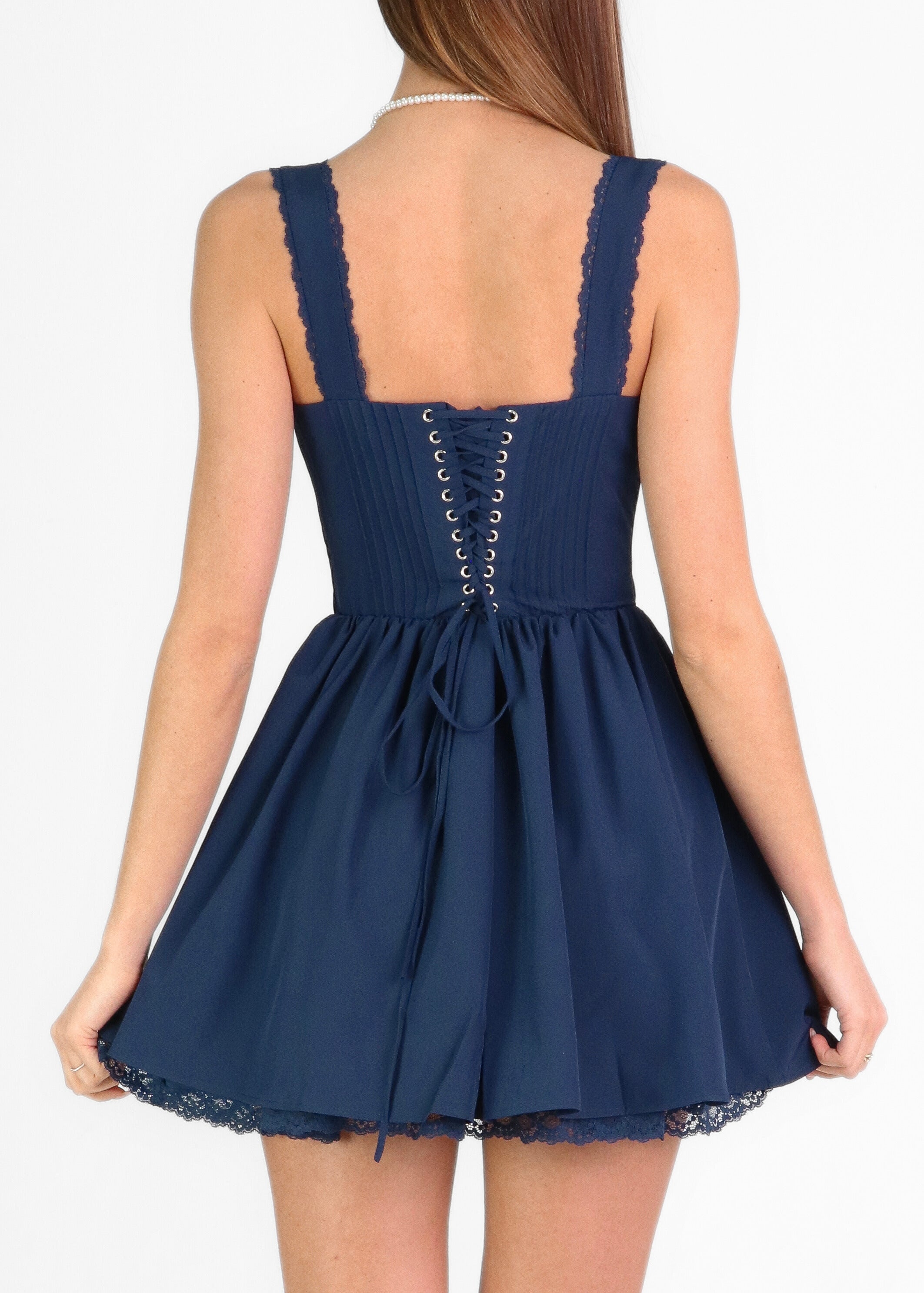 KORE - vestito mini blu con gonna ampia e scollo stile corpetto