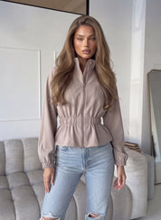 GHAL - giacca bomber in tessuto beige nude con arricciata in vita e nelle maniche