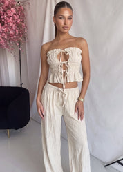 GIUPY - set coordinato top con allacciatura davanti e pantaloni in beige