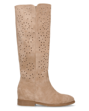 AKEMI - stivali alti beige in simil camoscio con lavorazione traforata floreale