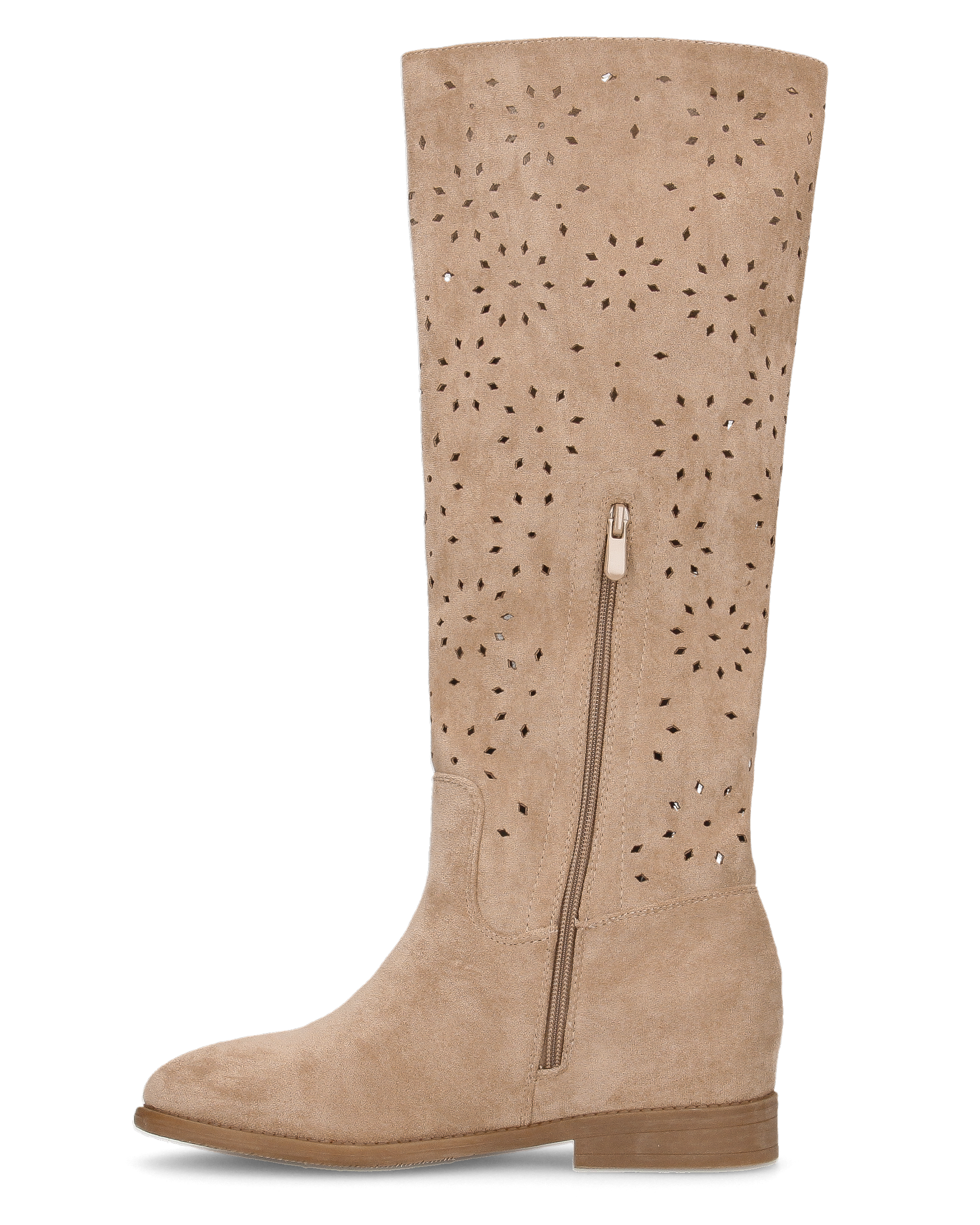 AKEMI - stivali alti beige in simil camoscio con lavorazione traforata floreale