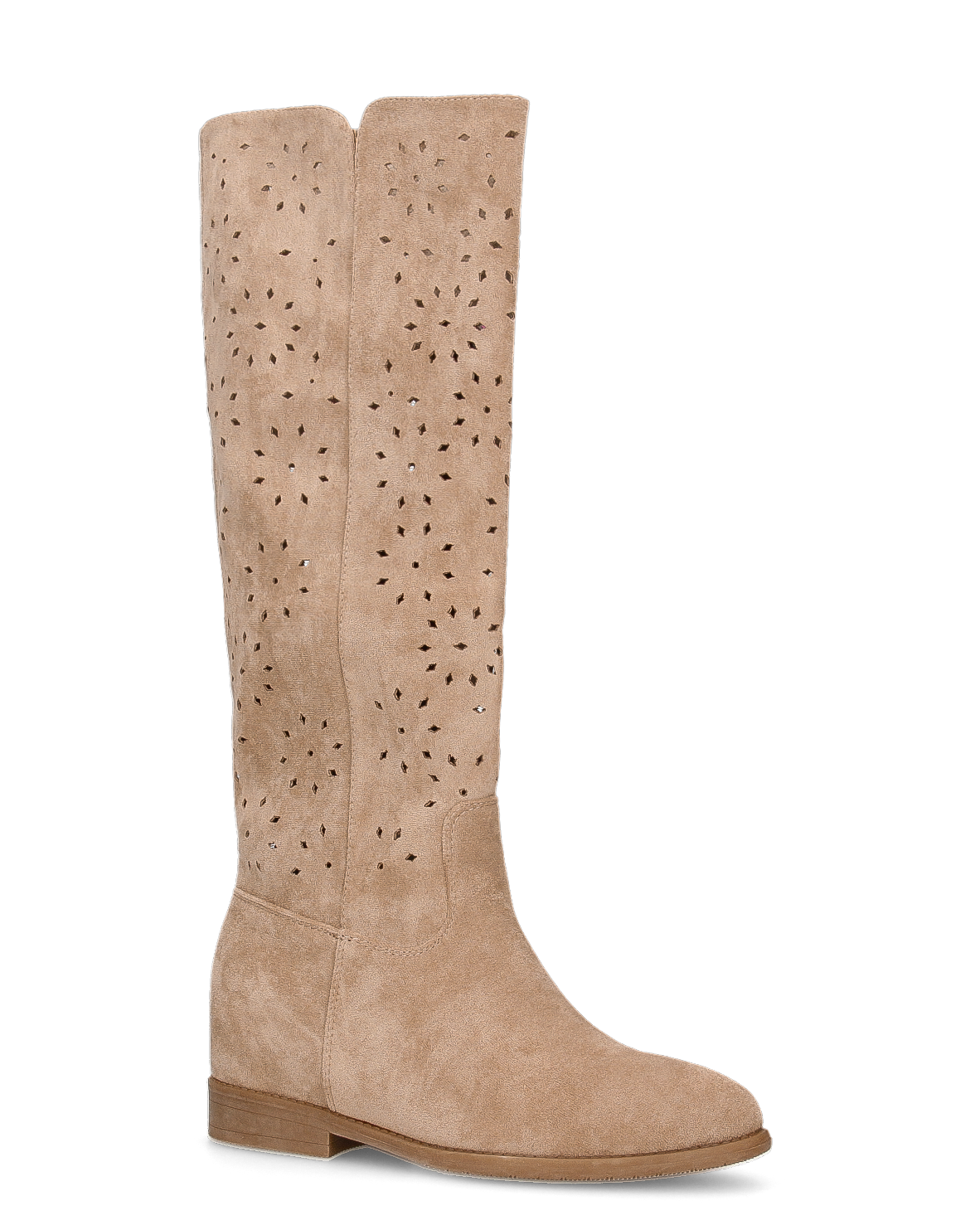 AKEMI - stivali alti beige in simil camoscio con lavorazione traforata floreale