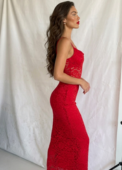 ILLY - abito midi lungo in pizzo rosso