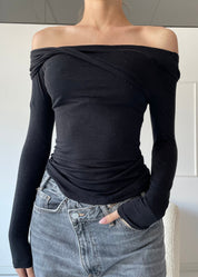 PEYTON - maglietta con spalle scoperte e drappeggio con strass in nero