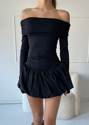 VALLY - vestito mini nero con gonna a palloncino e spalle scoperte