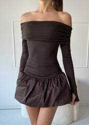 VALLY - vestito mini marrone con gonna a palloncino e spalle scoperte