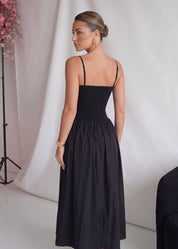 ISABEAU - vestito nero midi a ruota con corpetto