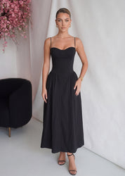 ISABEAU - vestito nero midi a ruota con corpetto