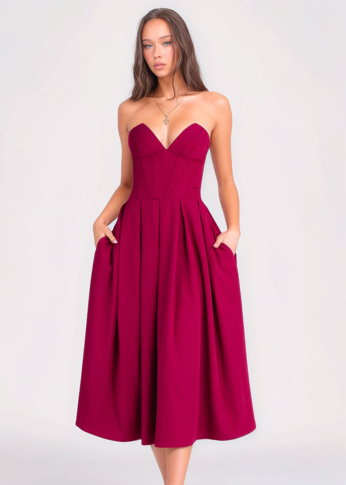 JADA - vestito midi a ruota burgundy con corpetto senza spalline