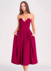 JADA - vestito midi a ruota burgundy con corpetto senza spalline